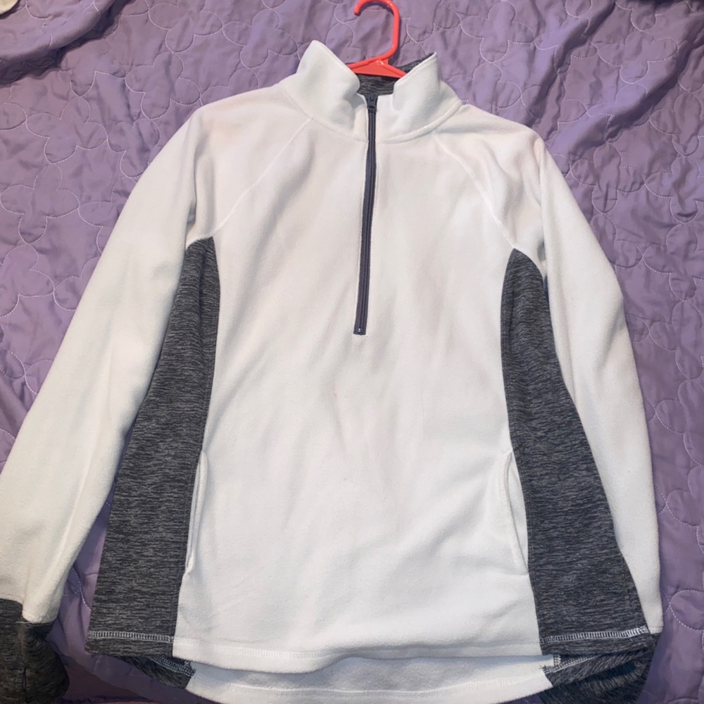 White half zip sweatshirt with gray detailing